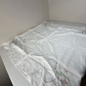 Vintage Cross Stitch Floral Accent‎ White Cotton Linen Table Cloth 33"x31"